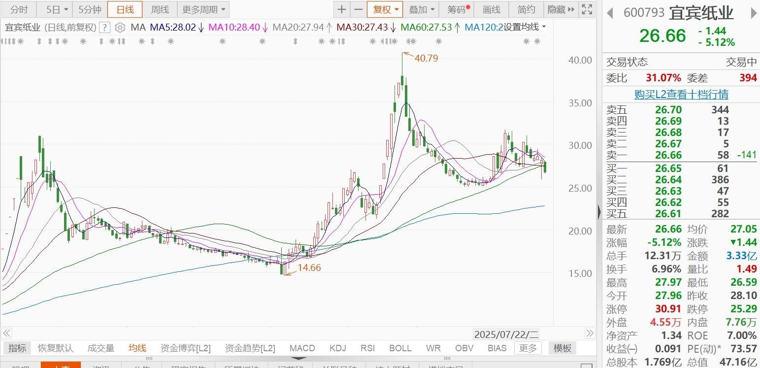 A股异动丨宜宾纸业跌逾5%，公司及相关责任人收到四川证监局警示函